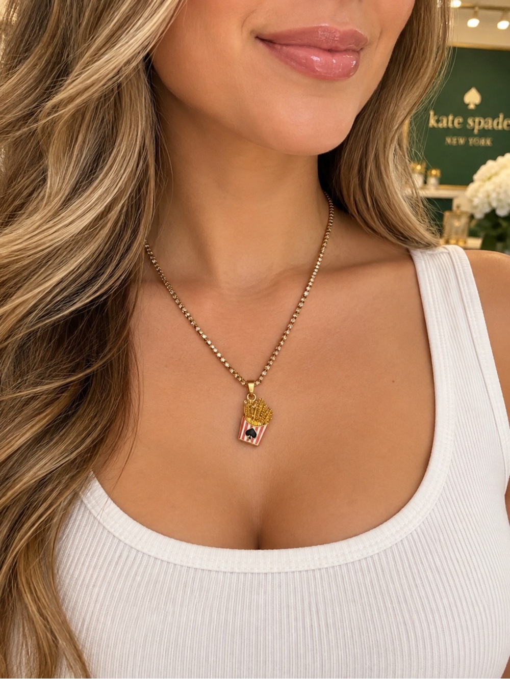 kate spade gold-tone French fry  & pink-striped charm pendant necklace
